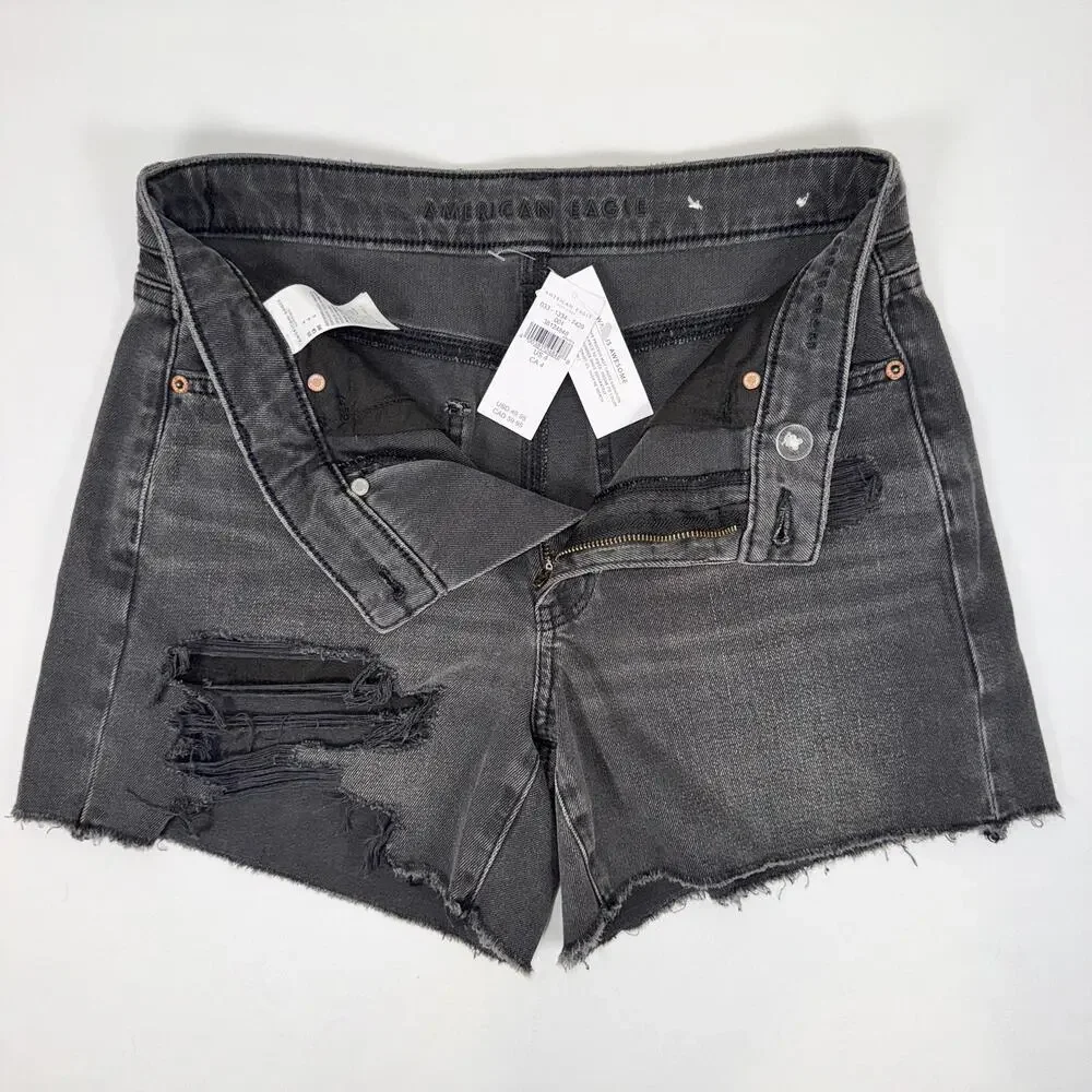 NWT American Eagle Black High-Waisted Distressed Denim Shorts -4